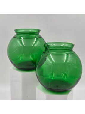 Pair of 2 Anchor Hocking Forest Green Ivy Ball Globe Vase